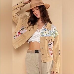 POL Tan Corduroy Oversized Jacket with Floral Accents